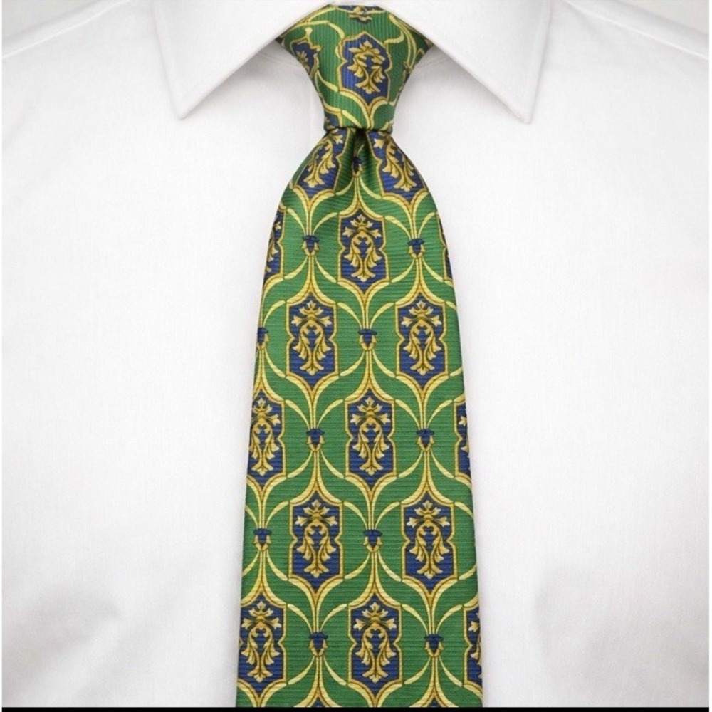 Paul Fredrick Silk Tie 4" Wide Green Blue Gold Ornate Medallion Classic Executiv - Picture 3 of 16